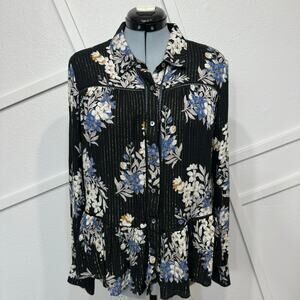 Miss Me Viscose Floral Button Up Long Sleeve Drop Waist Peplum Hem Blouse Sz: L